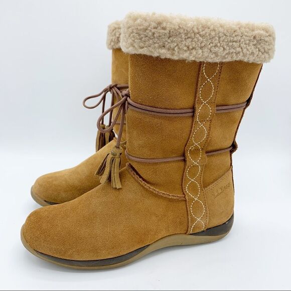 LL Bean Brown Suede Leather Zip Moccasin Winter Fleece Lined‎ Boots Girls - Picture 1 of 12